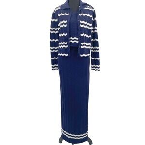 Solitaire Anthropologie 3 Pc Knit Set Cardigan Tank Maxi Skirt Navy White Size M